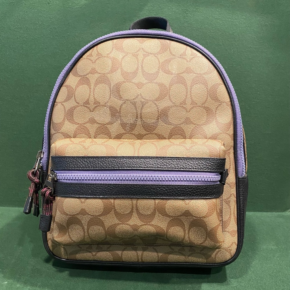 Coach Canvas Charlie Black and Tan Leather Backpack